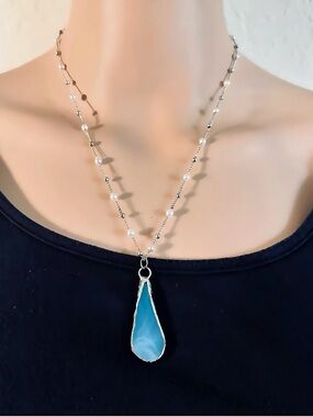Upcycled Blue Stained Glass & Pearl Silver Necklace Youth Artisan Handmade NWT